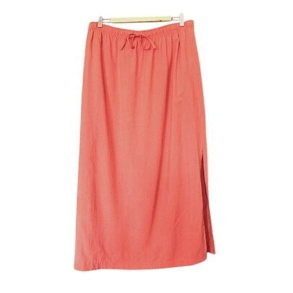 Vintage 90s Y2K Avenue Silk Maxi Skirt Tie Elastic Waist Coral Pink Size 14/16